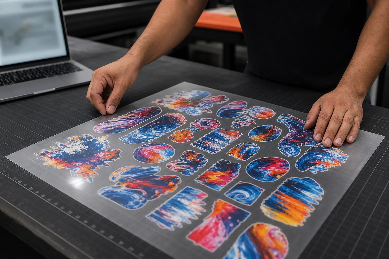 Hands reviewing colorful artwork arranged on a transparent DTF gang sheet
