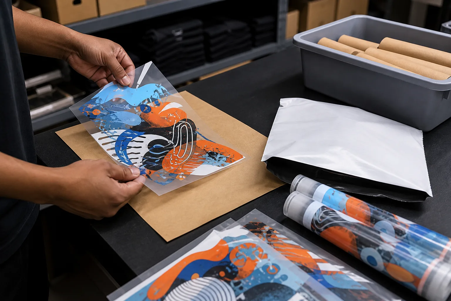 Finished DTF gang sheets being inspected and prepared for fulfillment