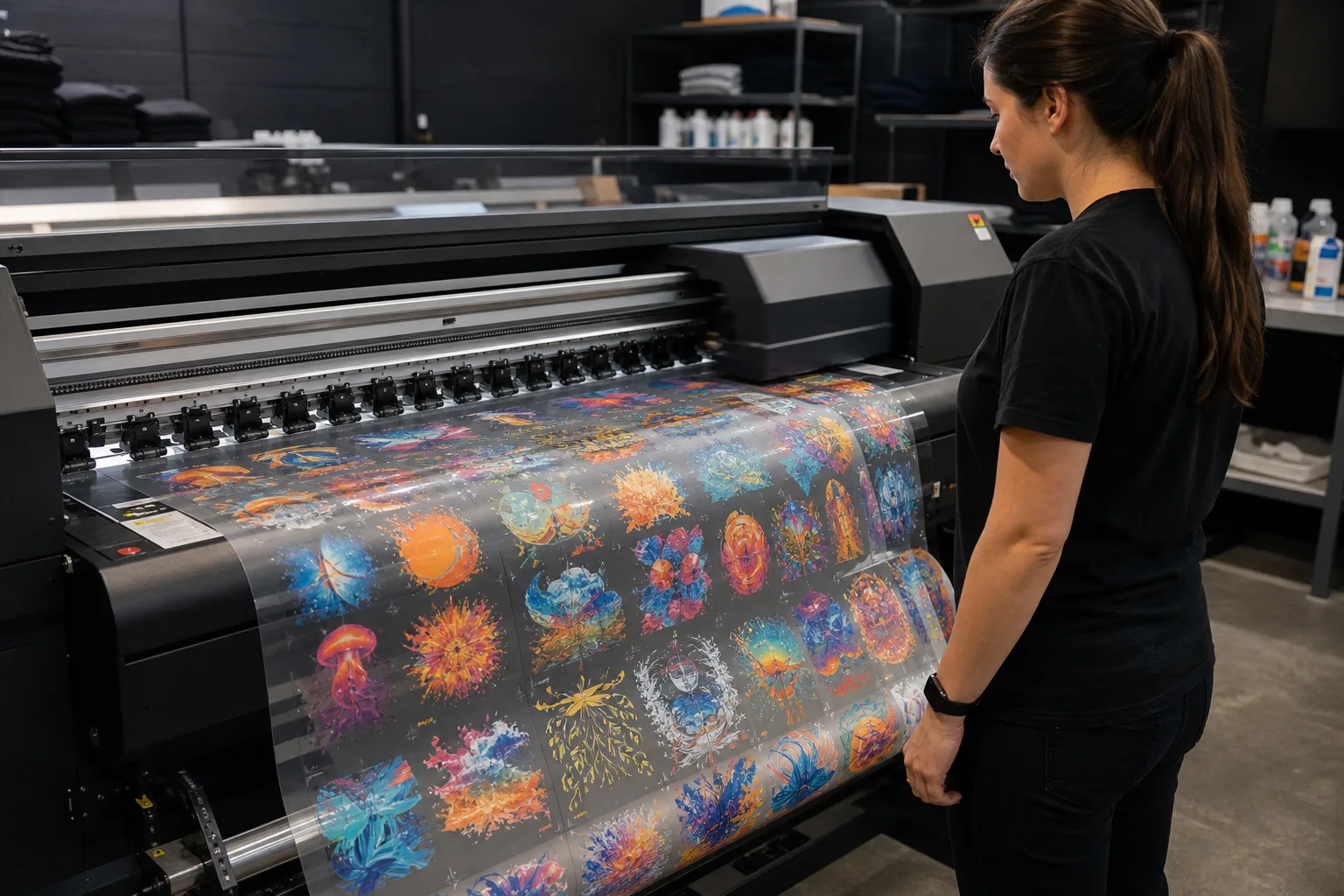 Professional DTF printer producing a colorful gang sheet on clear carrier film
