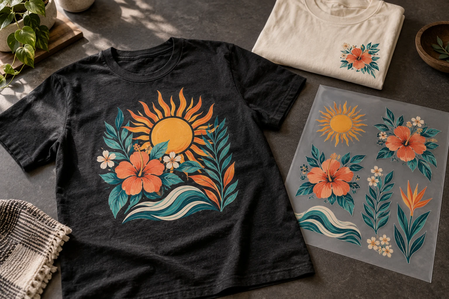 Illustrative mockup of colorful botanical DTF transfers on cotton shirts beside a gang sheet